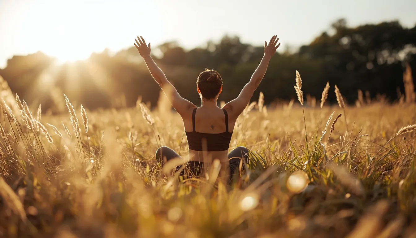 Person enjoying a peaceful morning stretch outdoors in natural sunlight