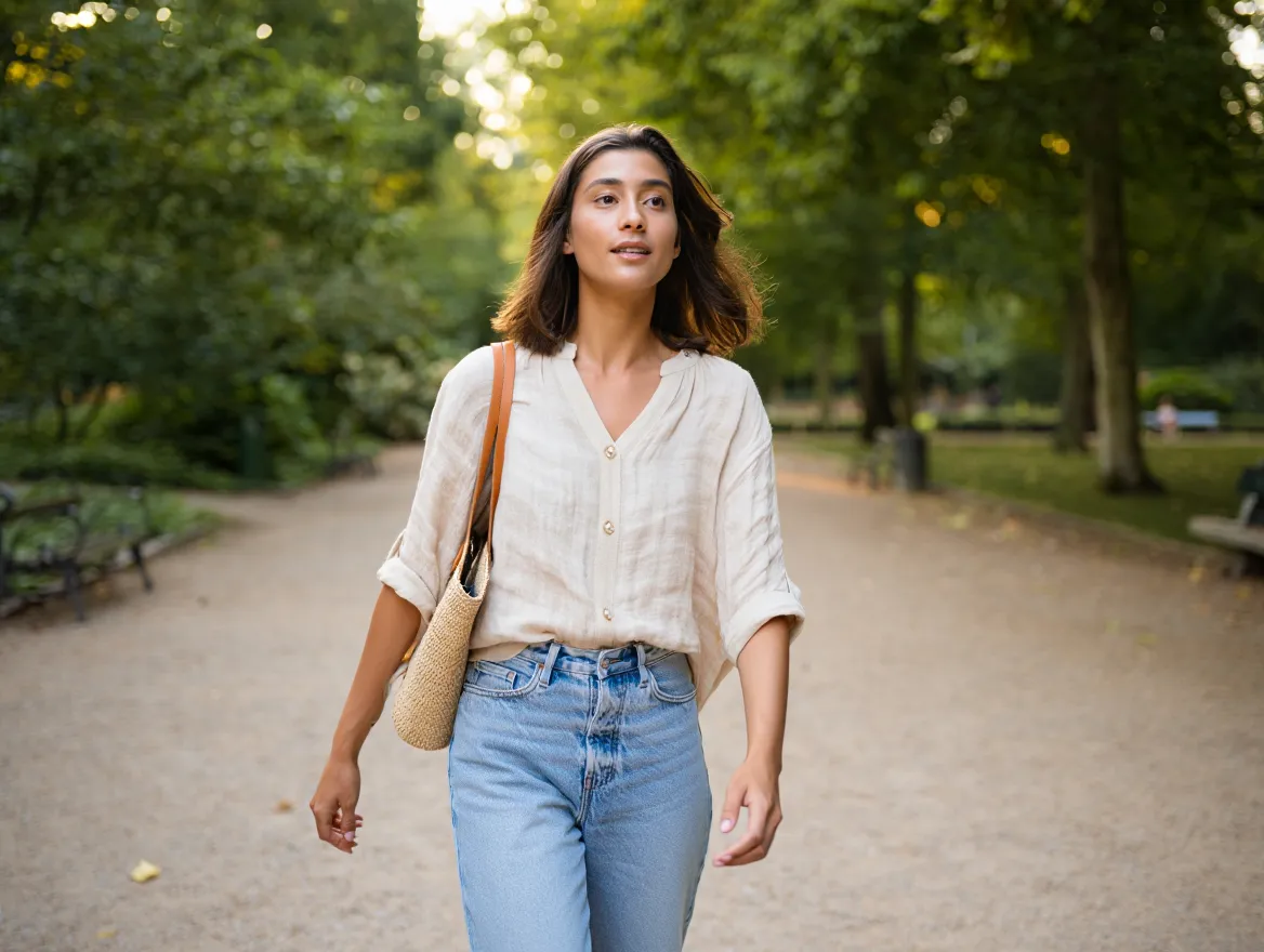 Person taking a mindful walk through a serene park pathway